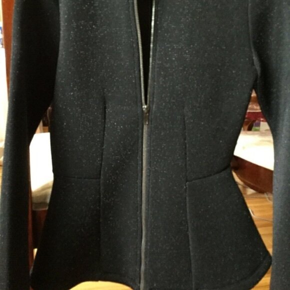 FOREVER 21  PEPLUM Hem SCUBA Jacket,On Trend ZIP Front Black/Silver Sparkle SZ S - Picture 2 of 6